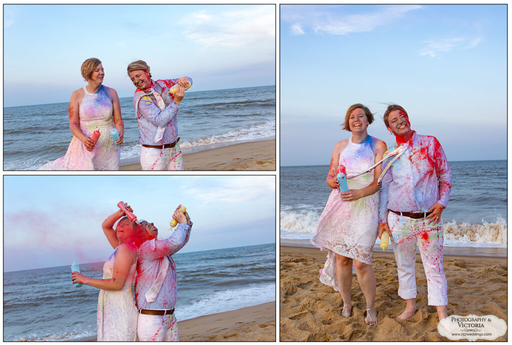 Kristen and Audrey's Virginia Beach Oceanfront Elopement with trash the dress! Featuring our seashell heart, the ceremony was officiated by Reverend Bruce Begault & officiated by Victoria Begault