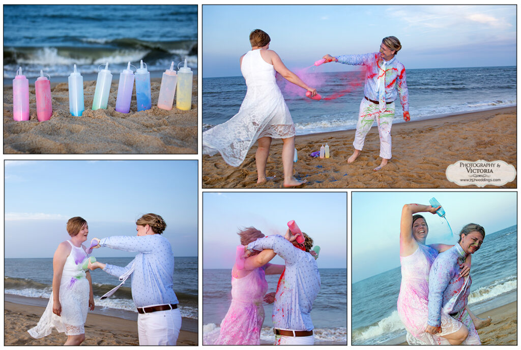 Kristen and Audrey's Virginia Beach Oceanfront Elopement with trash the dress! Featuring our seashell heart, the ceremony was officiated by Reverend Bruce Begault & officiated by Victoria Begault