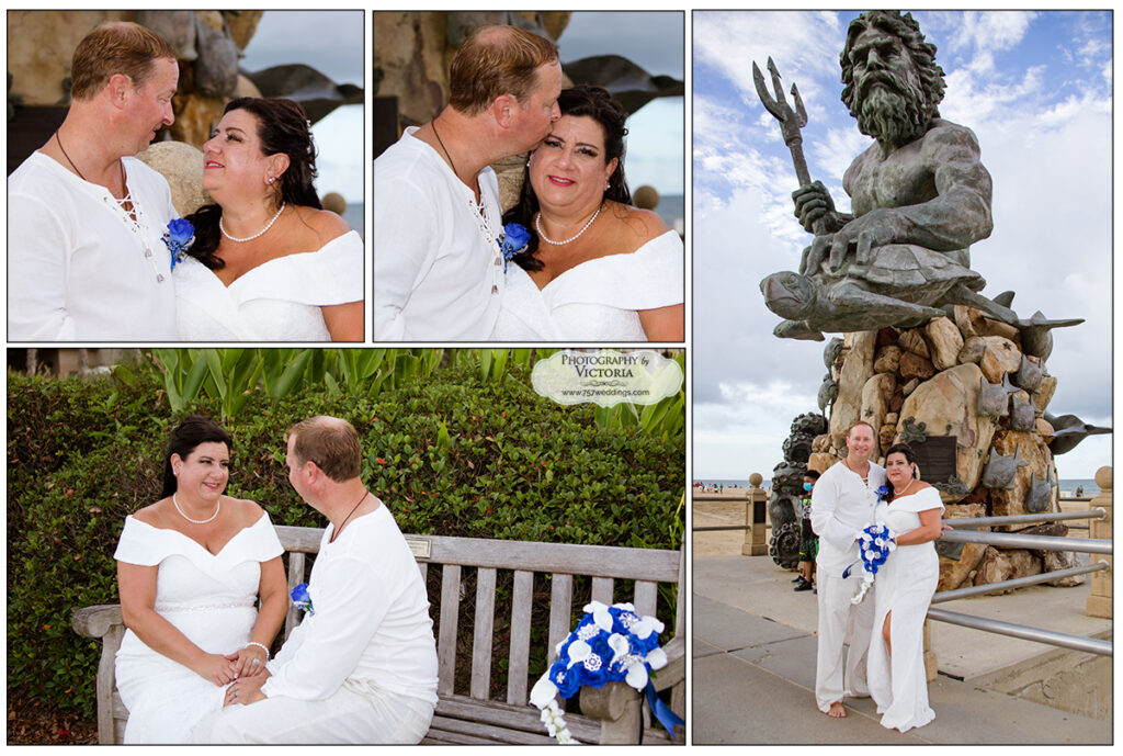 Alvilda and Michael's Virginia Beach oceanfront wedding - King Neptune Statue in Virginia Beach. Officiated by Reverend Bruce Begault and photographed by Victoria Begault. 757Weddings.com