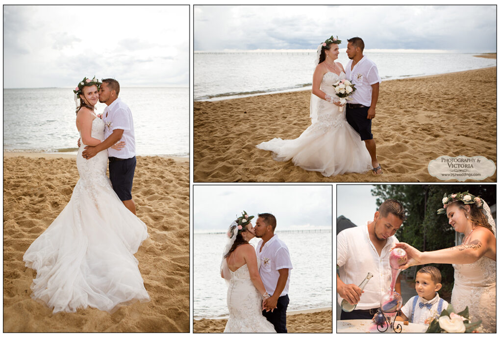 Christina and Francisco's August 2020 beach wedding at First Landing State Park! Rain out under the gazebo at the park with a Mariachi band!