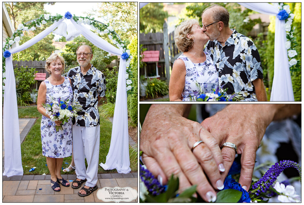 Barbara and John of Virginia Beach, VA wed in their backyard on July 10, 2020. Ceremony officiated by Reverend Bruce Begault and photographed by Victoria Begault.