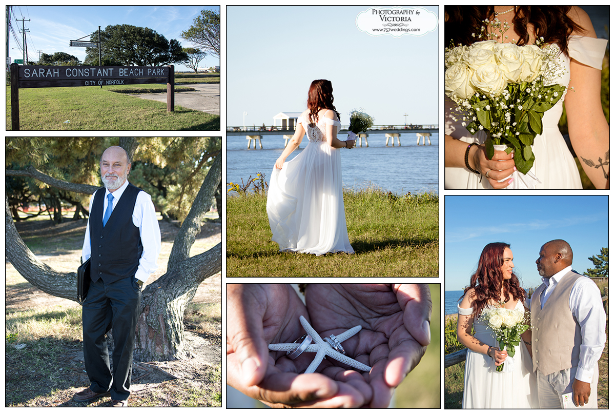 Lucia and James' beach elopement at Sarah Constant Park in Norfolk. Ceremony officiated by Reverend Bruce Begault and photographed by Victoria Begault.