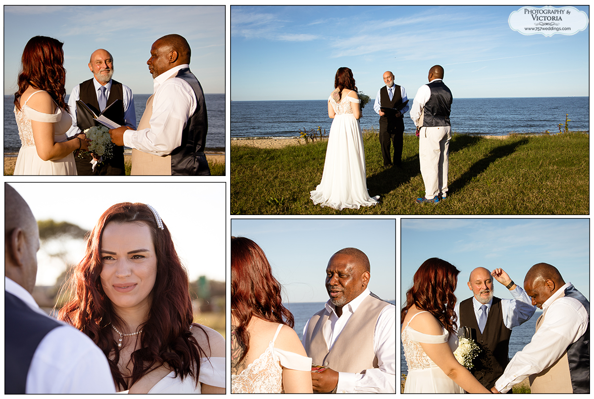 Lucia and James' beach elopement at Sarah Constant Park in Norfolk. Ceremony officiated by Reverend Bruce Begault and photographed by Victoria Begault.